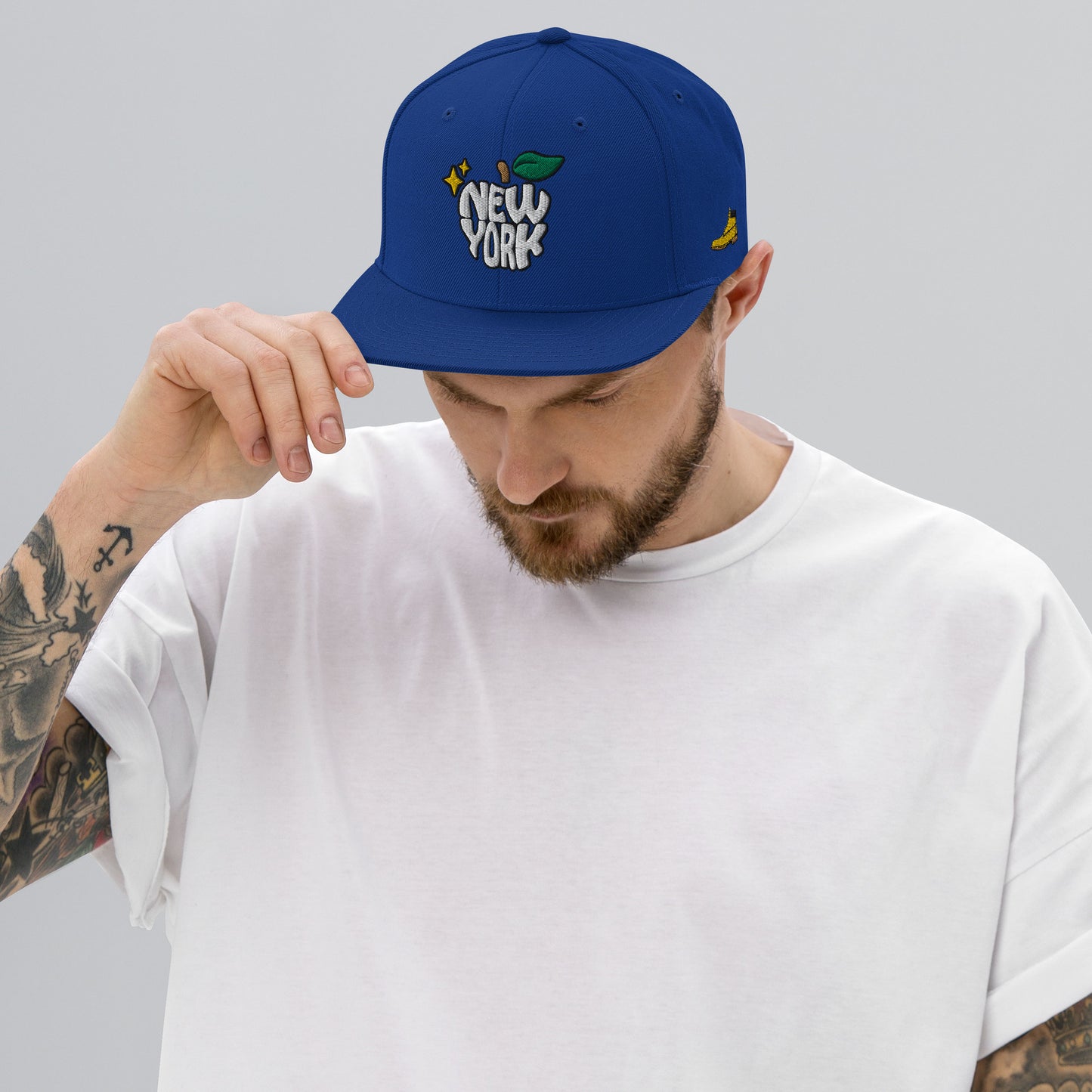 New York Apple Logo Embroidered Royal Blue Snapback Hat (Timberland) Scattered Streetwear